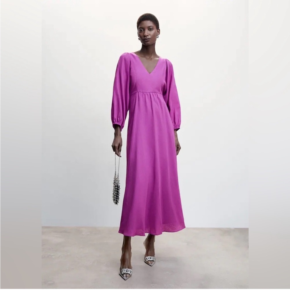 MANGO Puffed sleeves maxi dress purple 4 v neck
